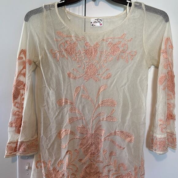 Free People Cream & Pink Mesh Embroidered Bell Sleeve Cotton Blend Tunic Top - Picture 5 of 11